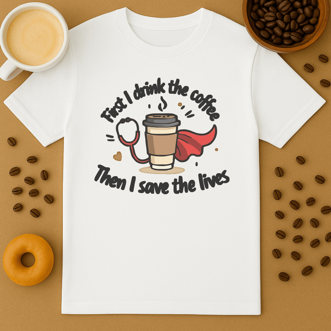 First I Drink The Coffee, Then I Save The Lives Superhero Tee