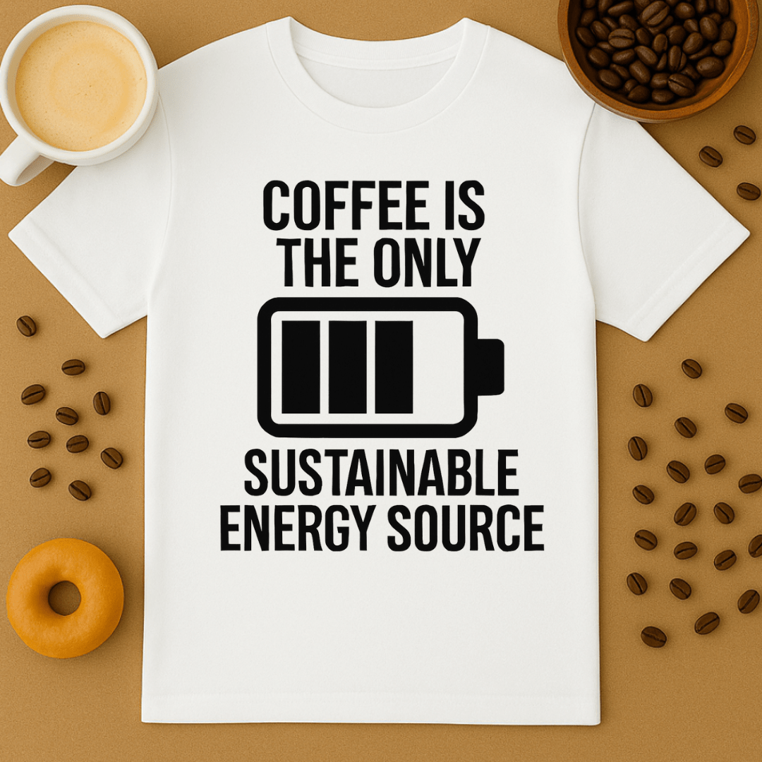 White t-shirt with 'Coffee is the only sustainable energy source' text on a brown background with coffee beans and a donut.