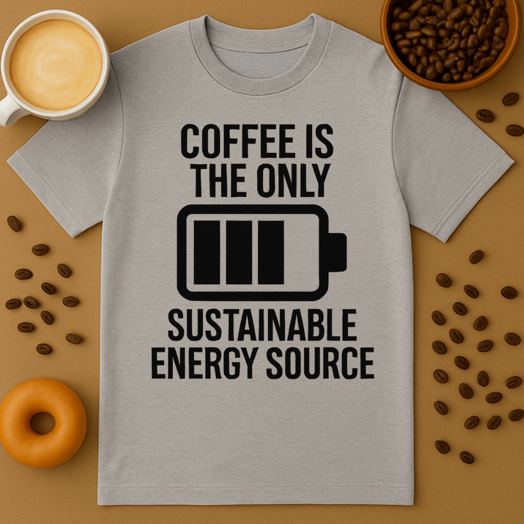Gray t-shirt with 'Coffee is the only sustainable energy source' text on a brown background with coffee beans and a cup of coffee.