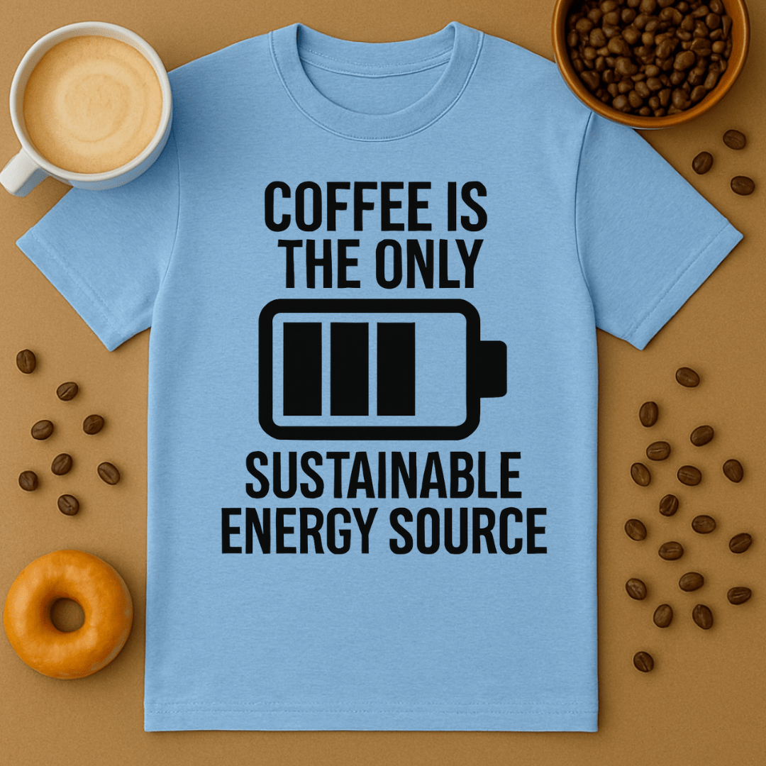 Blue t-shirt with 'Coffee is the only sustainable energy source' text on a brown background with coffee beans and a donut.