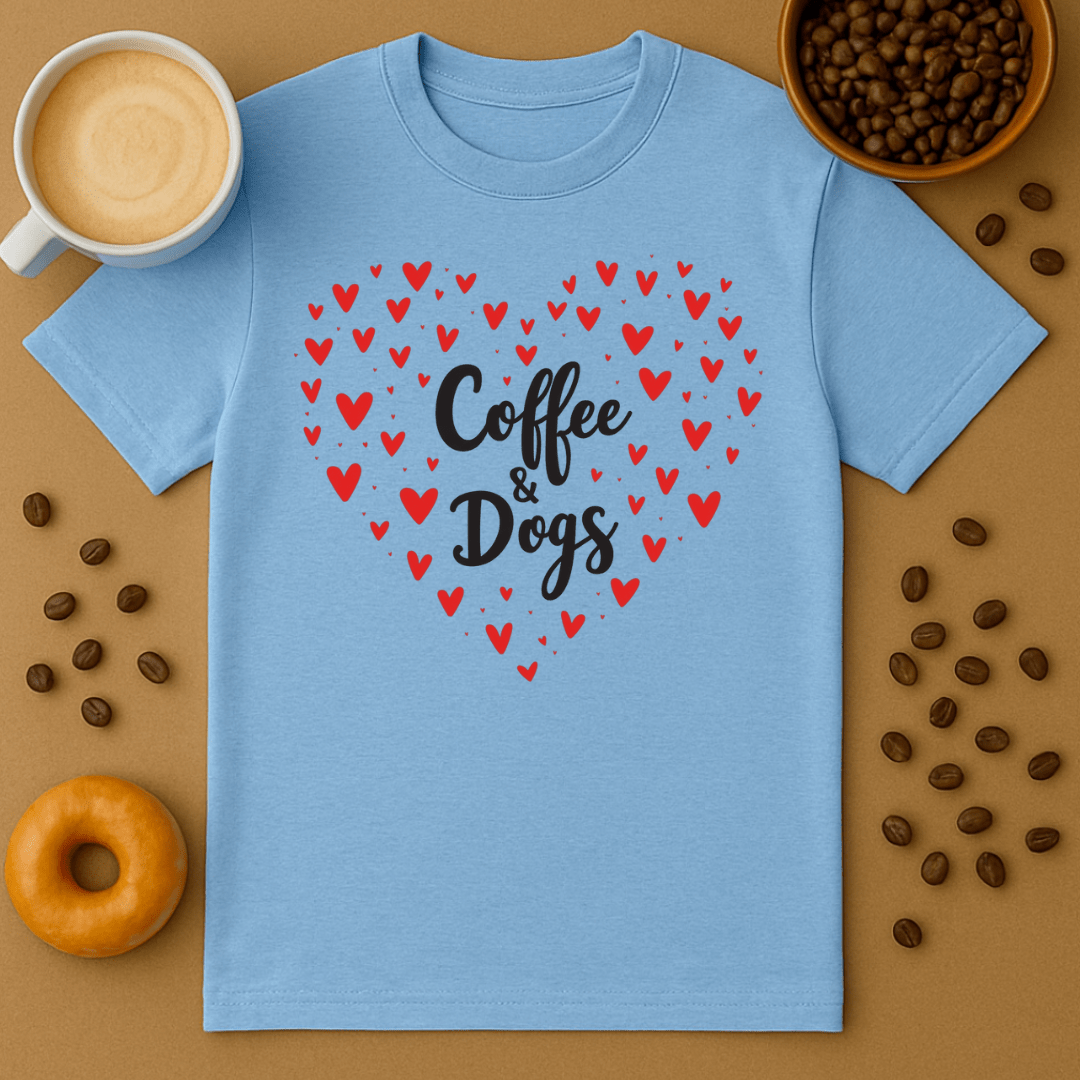 Blue t-shirt with 'Coffee & Dogs' design on a brown background with coffee beans and a donut.