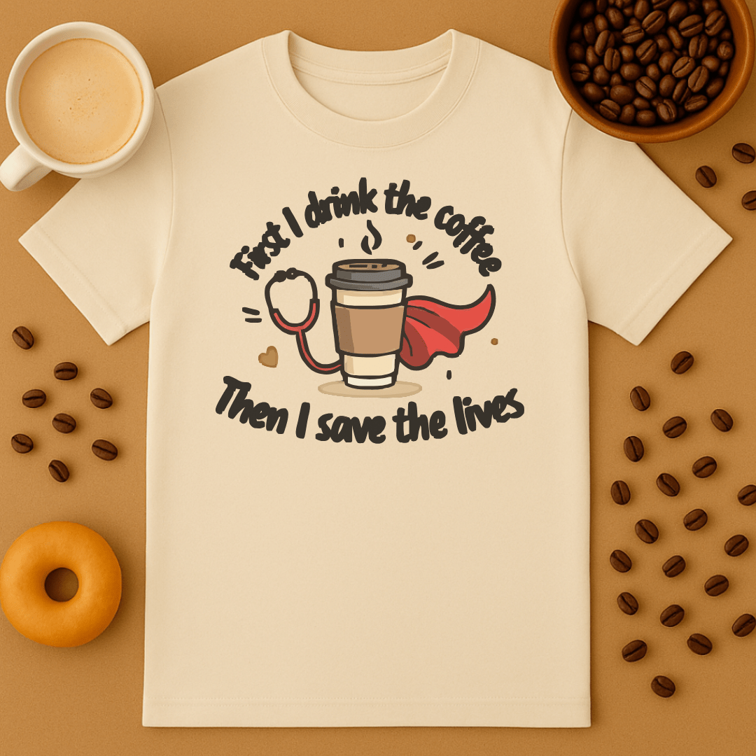 First I Drink The Coffee, Then I Save The Lives Superhero Tee