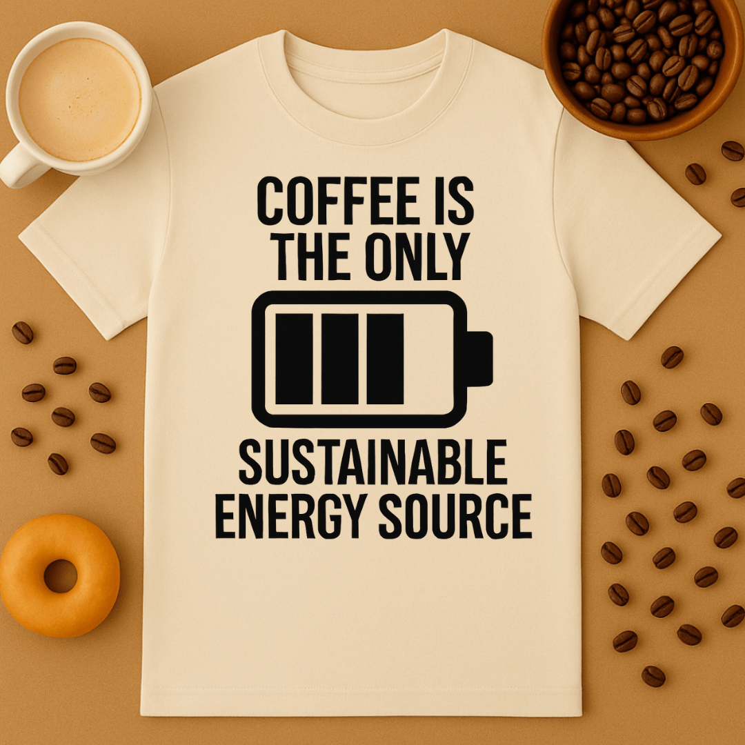 Beige t-shirt with 'Coffee is the only sustainable energy source' text on a brown background with coffee beans and a cup.
