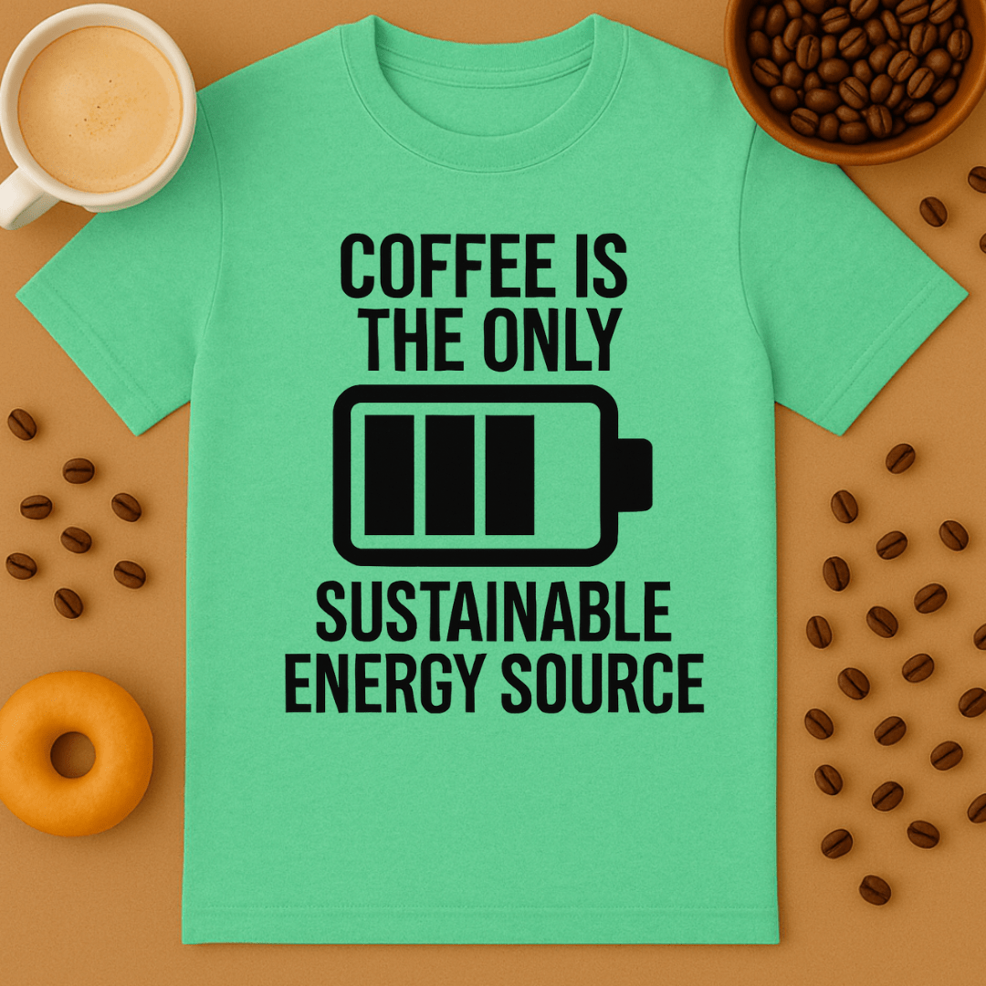 Heather Irish Green t-shirt with 'Coffee is the only sustainable energy source' text on a brown background with coffee beans and a cup.