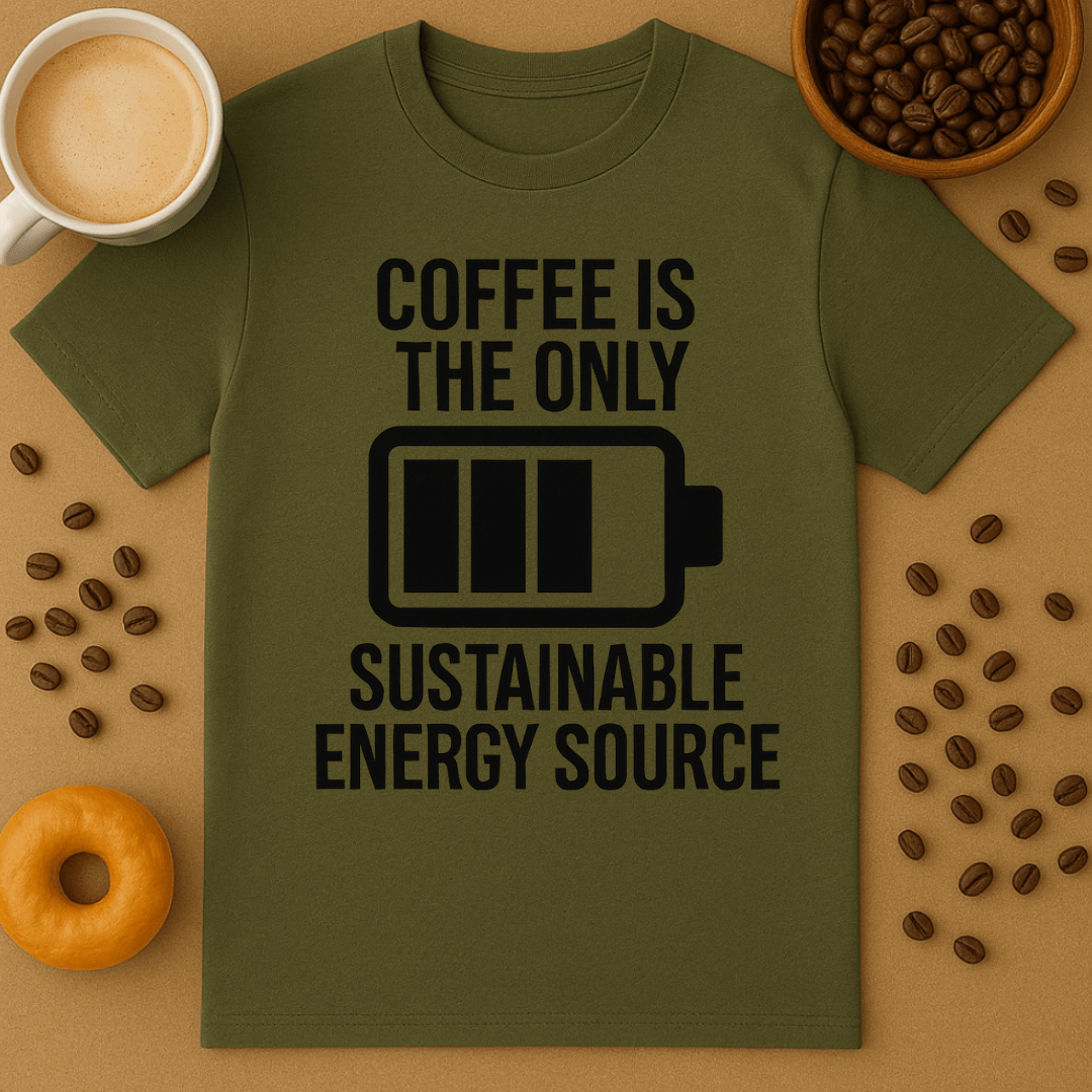 Military Green t-shirt with 'Coffee is the only sustainable energy source' text, surrounded by coffee beans and a cup of coffee.