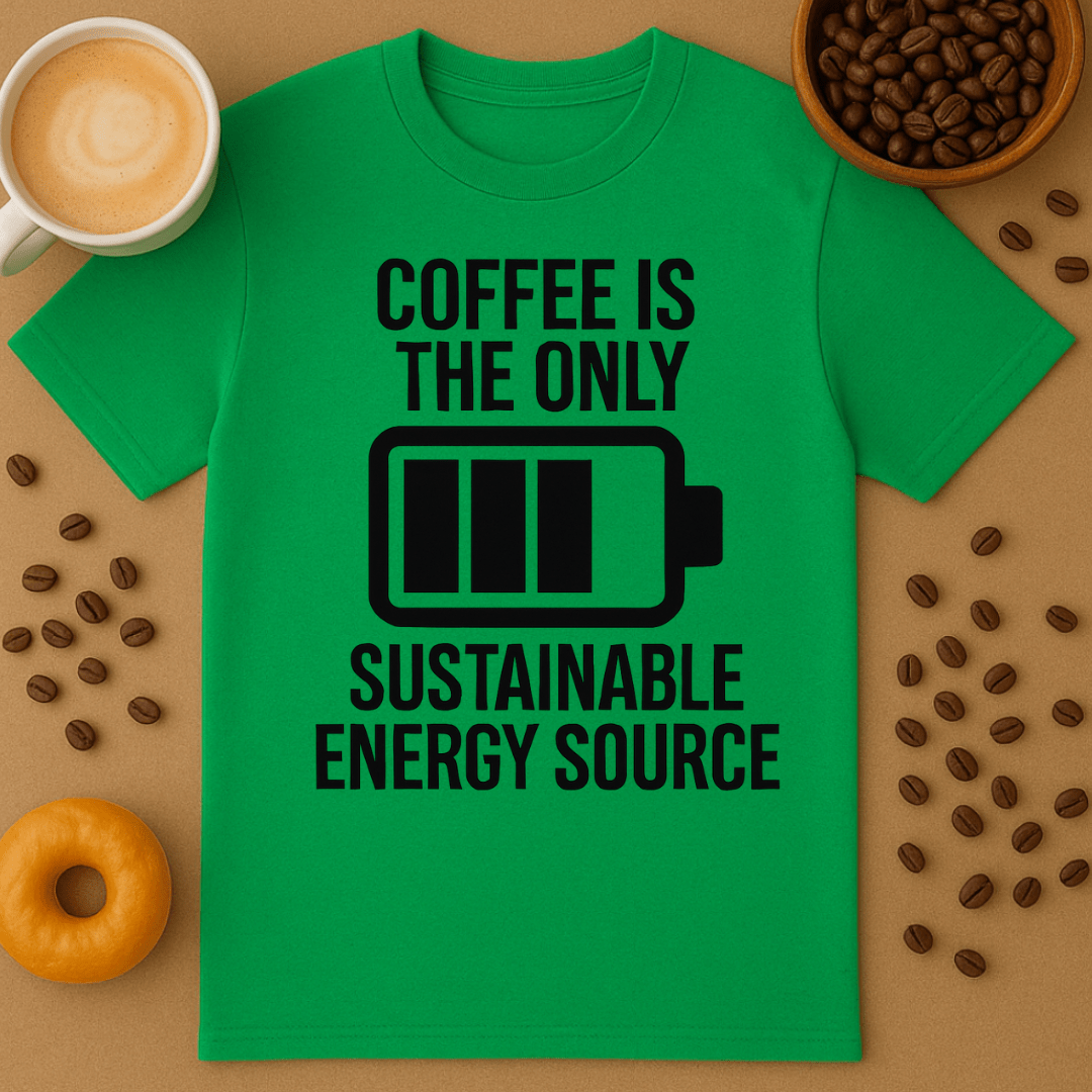 Green t-shirt with 'Coffee is the only sustainable energy source' text and graphic on a brown surface with coffee beans and a donut.