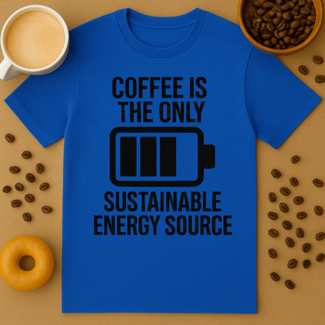 Blue t-shirt with 'Coffee is the only sustainable energy source' text on a brown background with coffee beans and a cup.