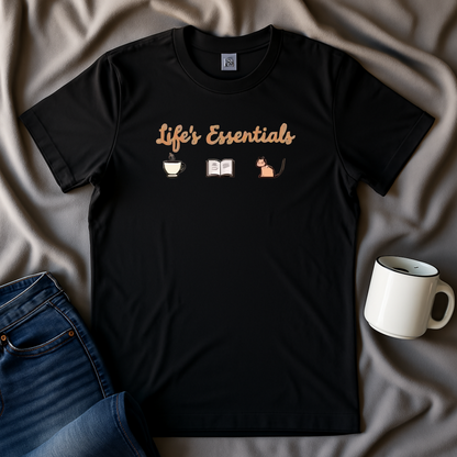 Life's Essentials: Coffee, Books, Cats T-shirt