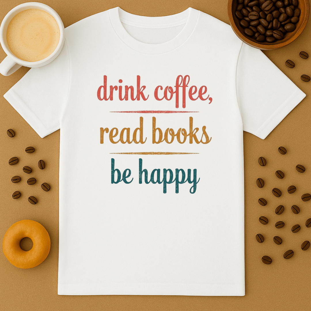 The Printify Drink Coffee, Read Books, Be Happy T Shirt is a white unisex cotton tee with a colorful slogan—ideal for book lovers. Styled with coffee beans, a cup of coffee, and a donut on a brown surface.