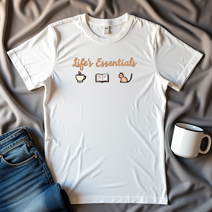 Life's Essentials: Coffee, Books, Cats T-shirt