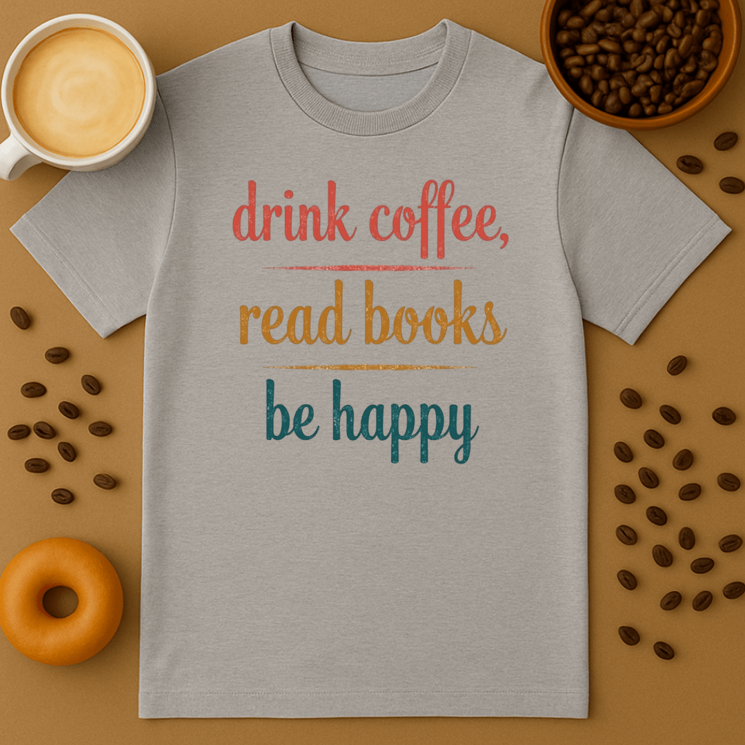 The Drink Coffee, Read Books, Be Happy T Shirt by Printify is a gray unisex cotton tee with a colorful quote—perfect for book lovers. Features coffee cup, beans, and donut graphics on a brown background. Fun gift for any coffee fan!.