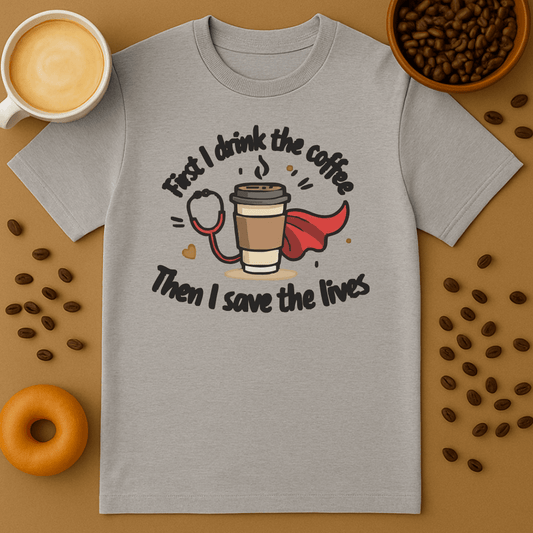 First I Drink The Coffee, Then I Save The Lives Superhero Tee
