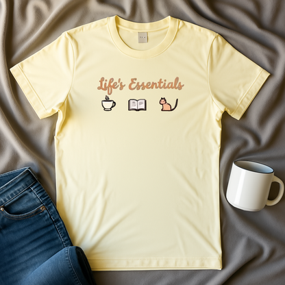 Life's Essentials: Coffee, Books, Cats T-shirt