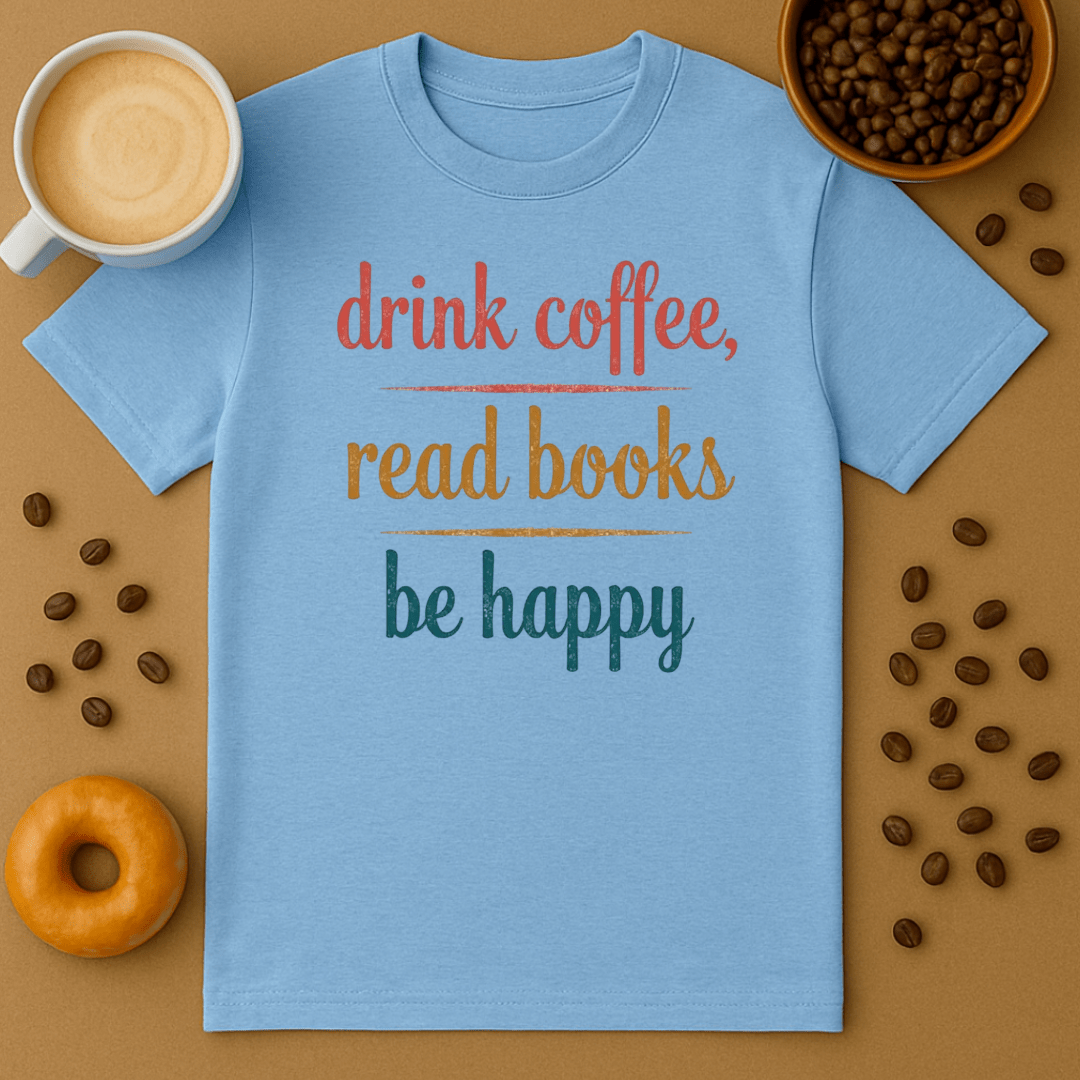 The Printify Drink Coffee, Read Books, Be Happy T Shirt is a light blue unisex cotton tee with colorful text, shown beside a cup of coffee, donut, and coffee beans on a brown surface.