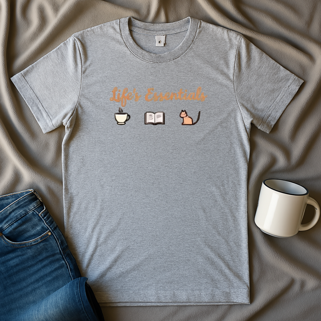 Life's Essentials: Coffee, Books, Cats T-shirt