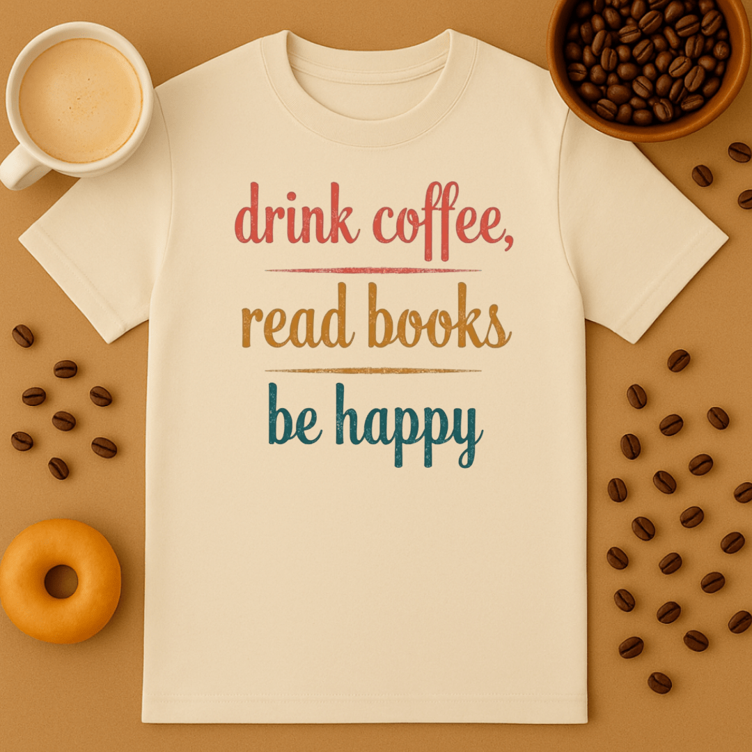 The Drink Coffee, Read Books, Be Happy T Shirt by Printify features a beige design with its signature phrase, displayed alongside a coffee cup, donut, and beans on a brown background—perfect for book lovers.