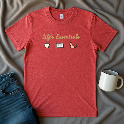 Life's Essentials: Coffee, Books, Cats T-shirt