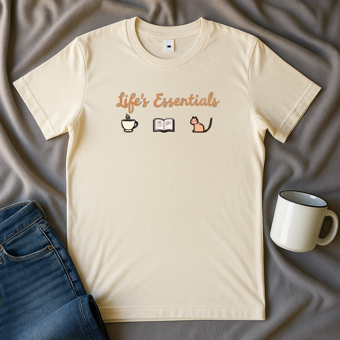 Life's Essentials: Coffee, Books, Cats T-shirt