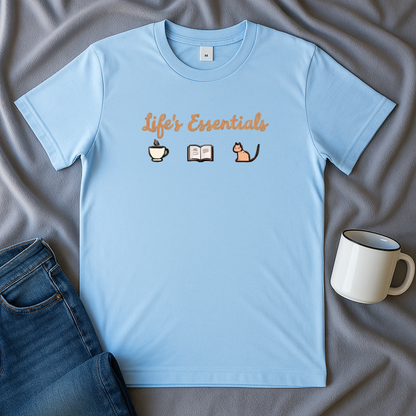 Life's Essentials: Coffee, Books, Cats T-shirt