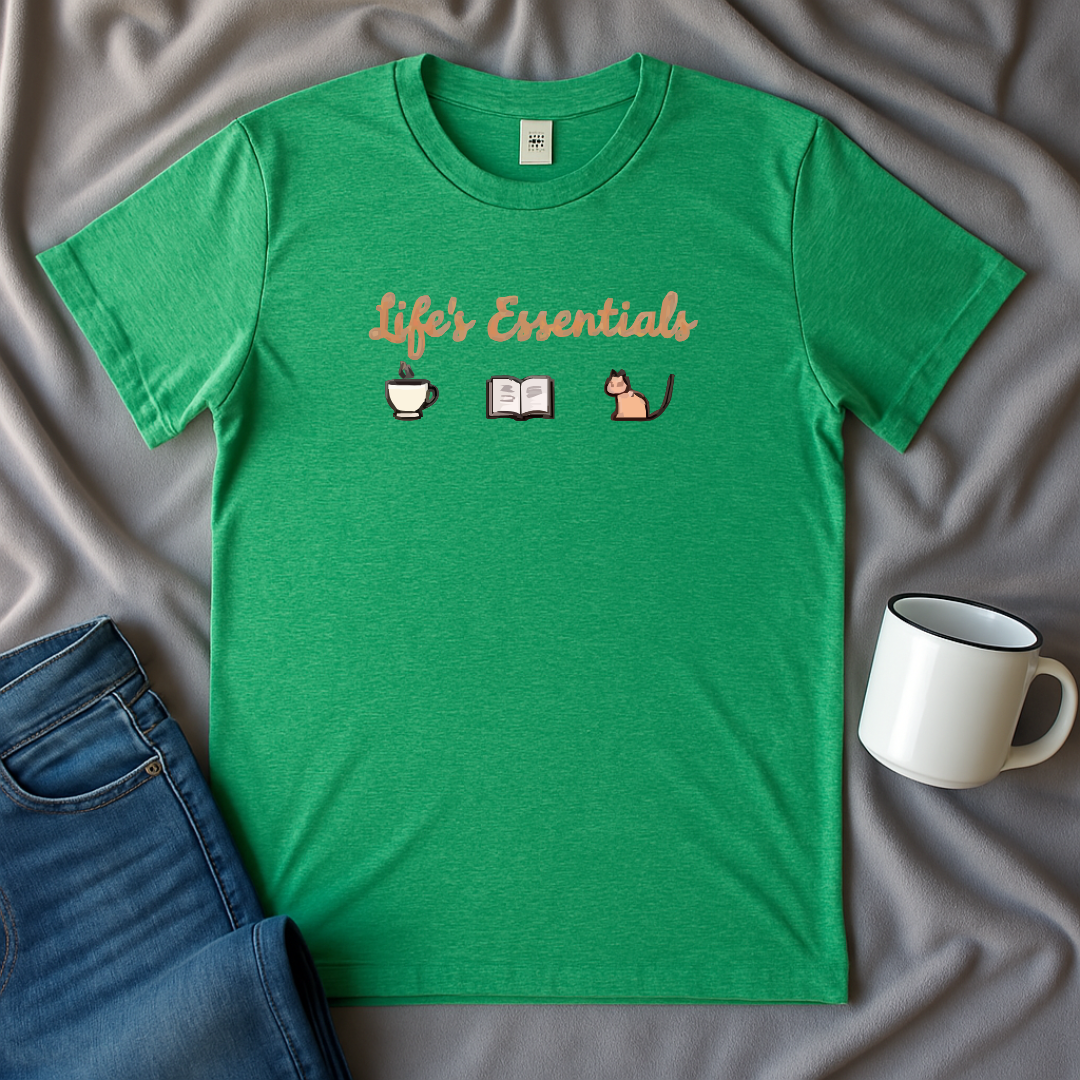Life's Essentials: Coffee, Books, Cats T-shirt