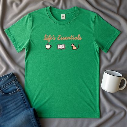 Life's Essentials: Coffee, Books, Cats T-shirt