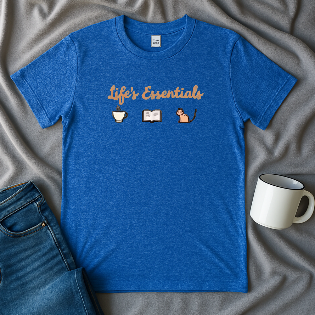 Life's Essentials: Coffee, Books, Cats T-shirt