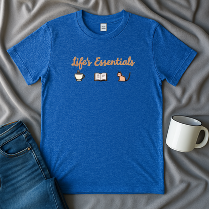 Life's Essentials: Coffee, Books, Cats T-shirt